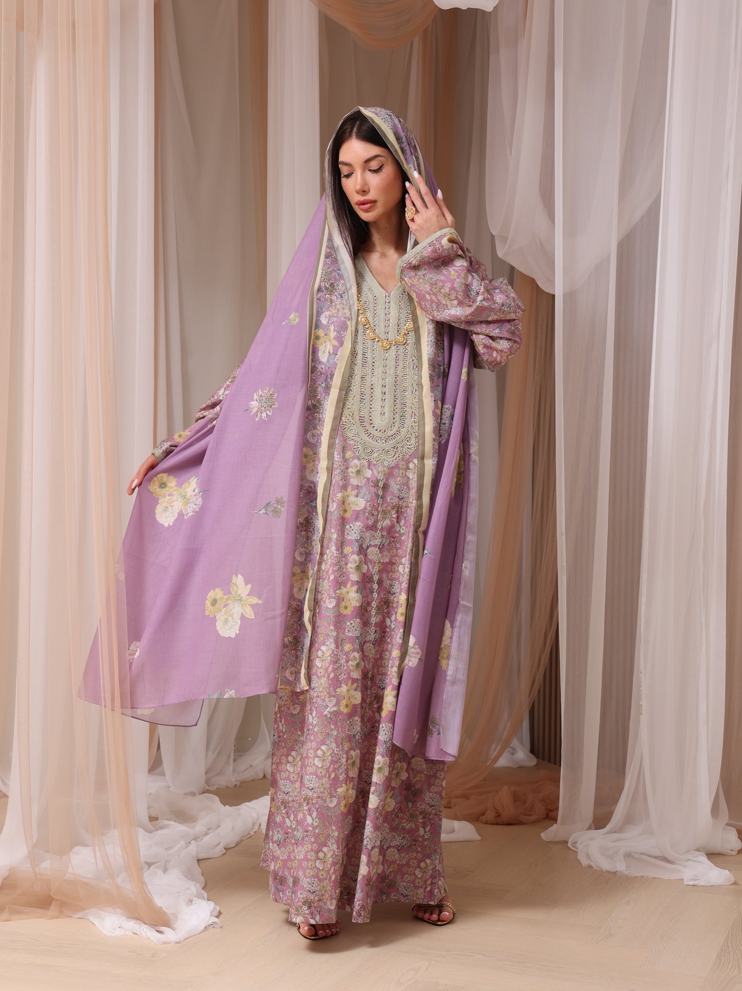 Lavender & Peach Wildflower Kaftan Set