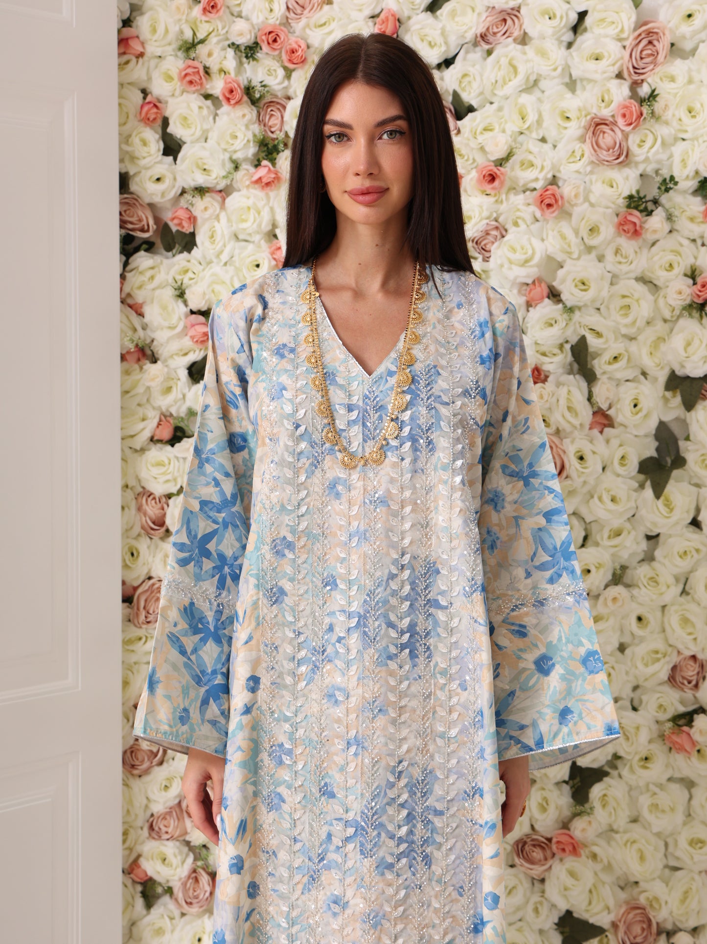 Sky Blue & Cream Floral Kaftan
