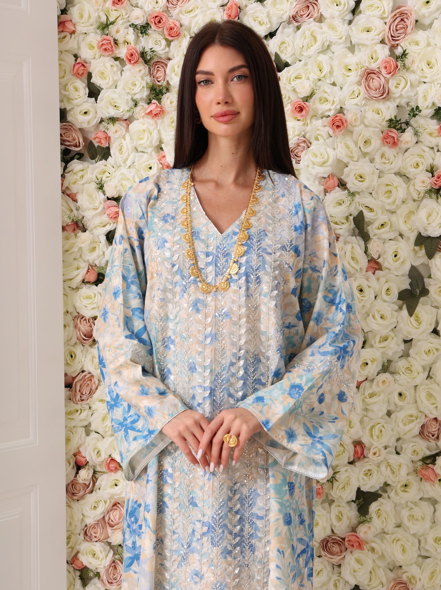 Sky Blue & Cream Floral Kaftan