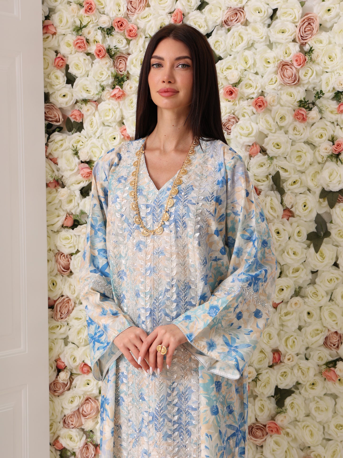 Sky Blue & Cream Floral Kaftan