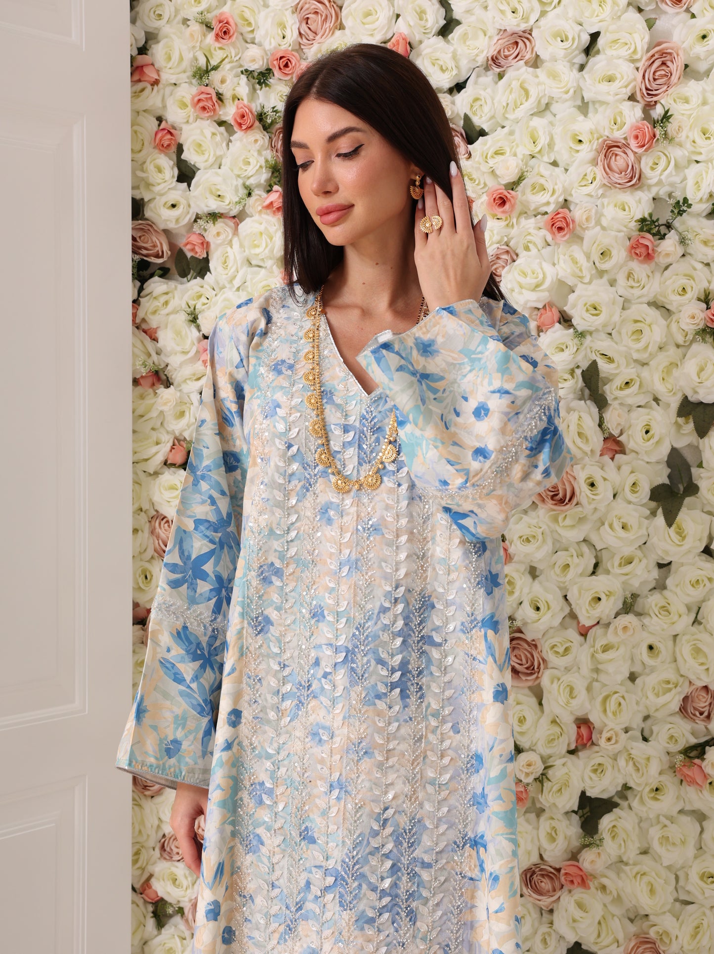 Sky Blue & Cream Floral Kaftan