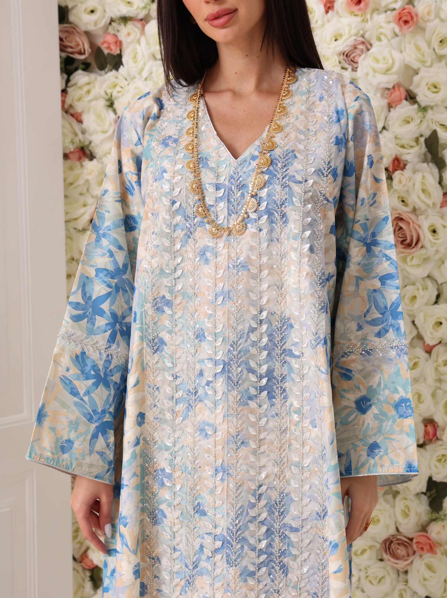 Sky Blue & Cream Floral Kaftan