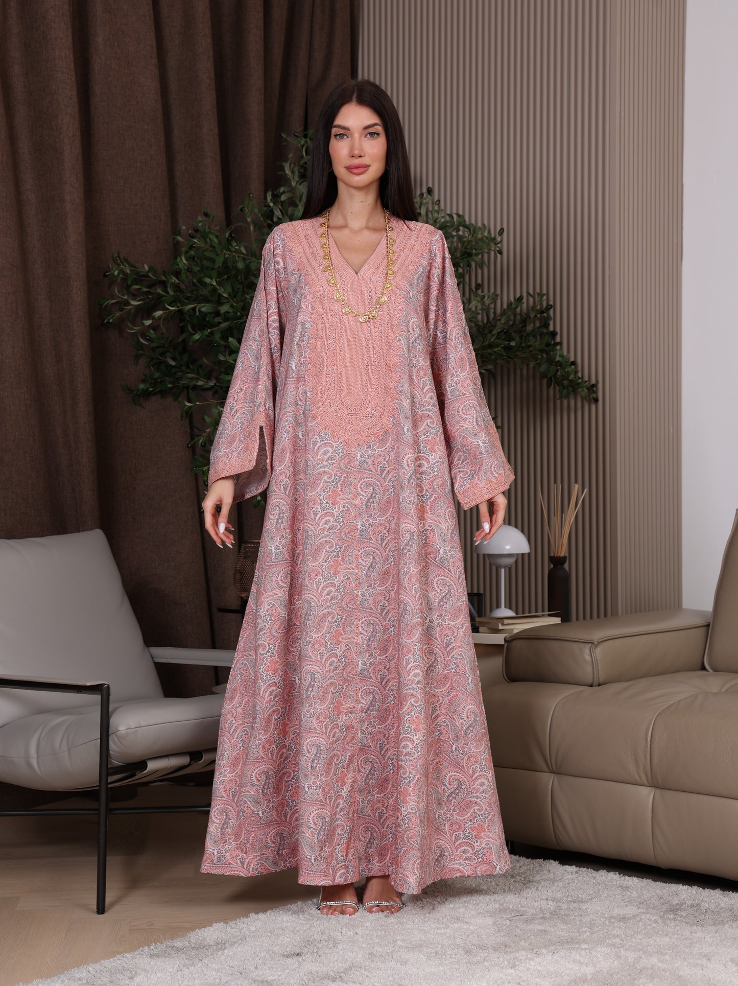 Peach & Gray Paisley Kaftan