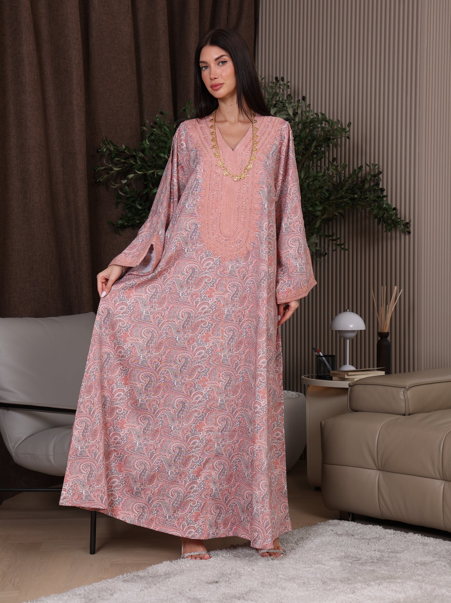 Peach & Gray Paisley Kaftan