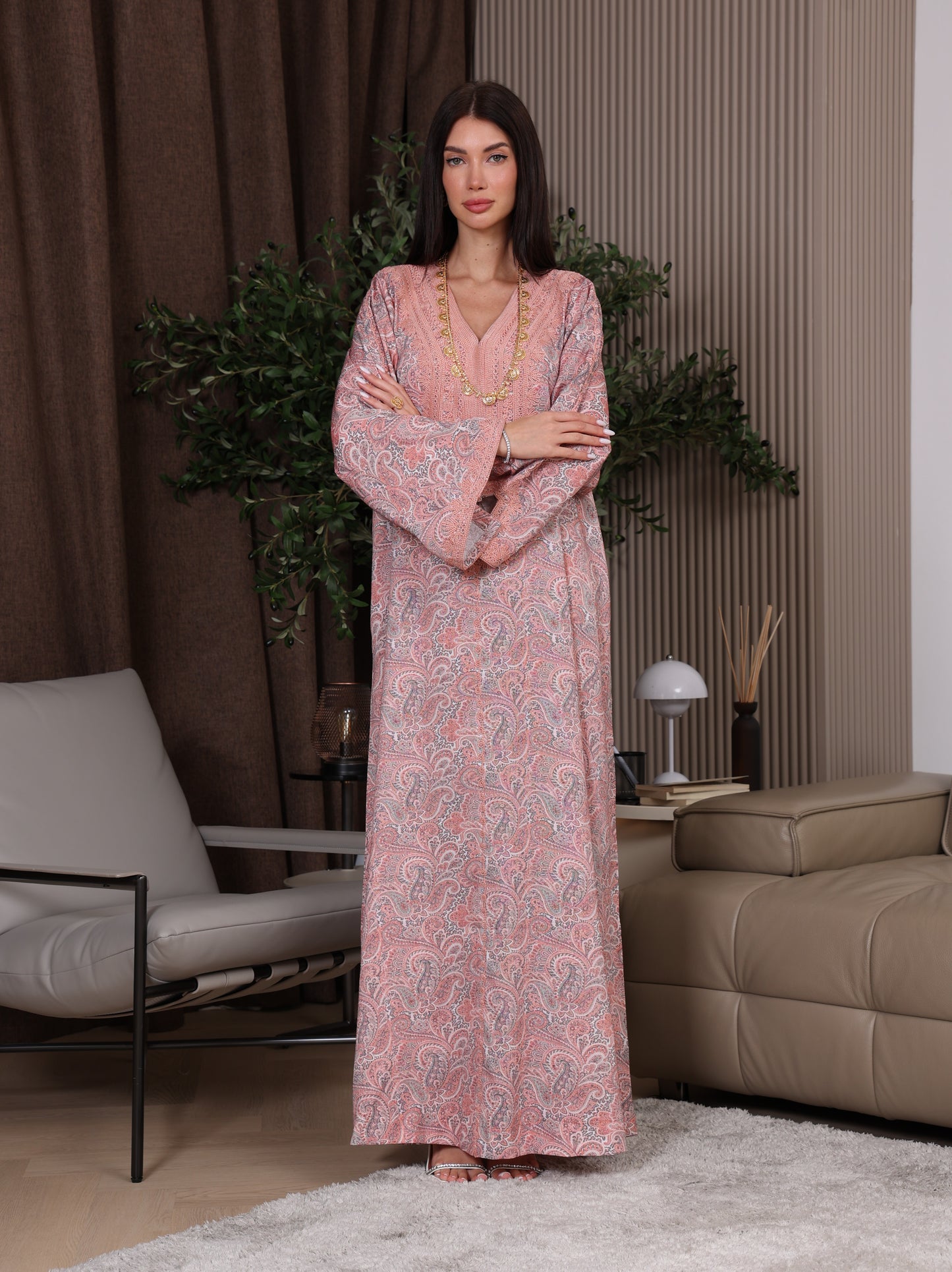 Peach & Gray Paisley Kaftan