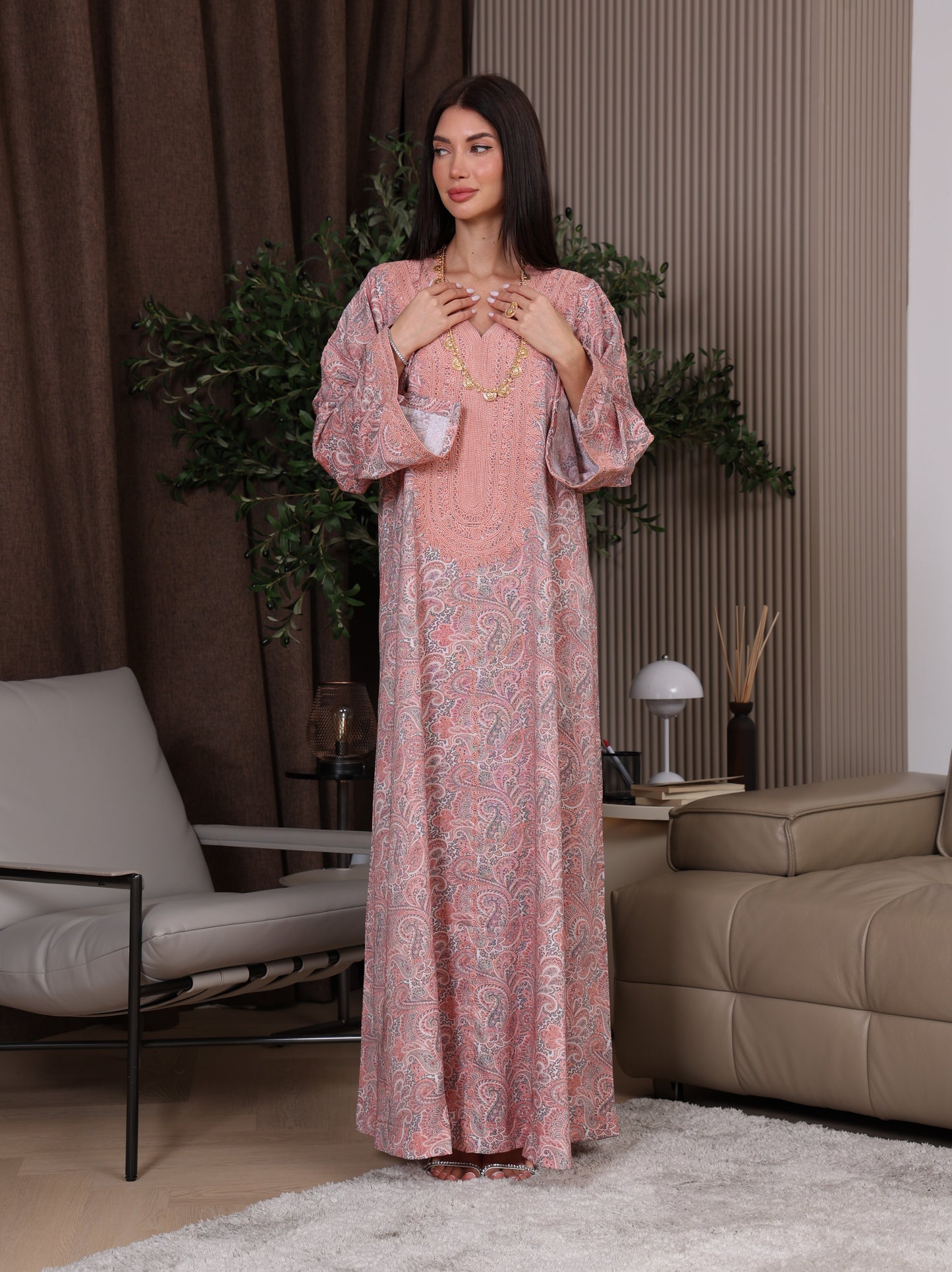 Peach & Gray Paisley Kaftan