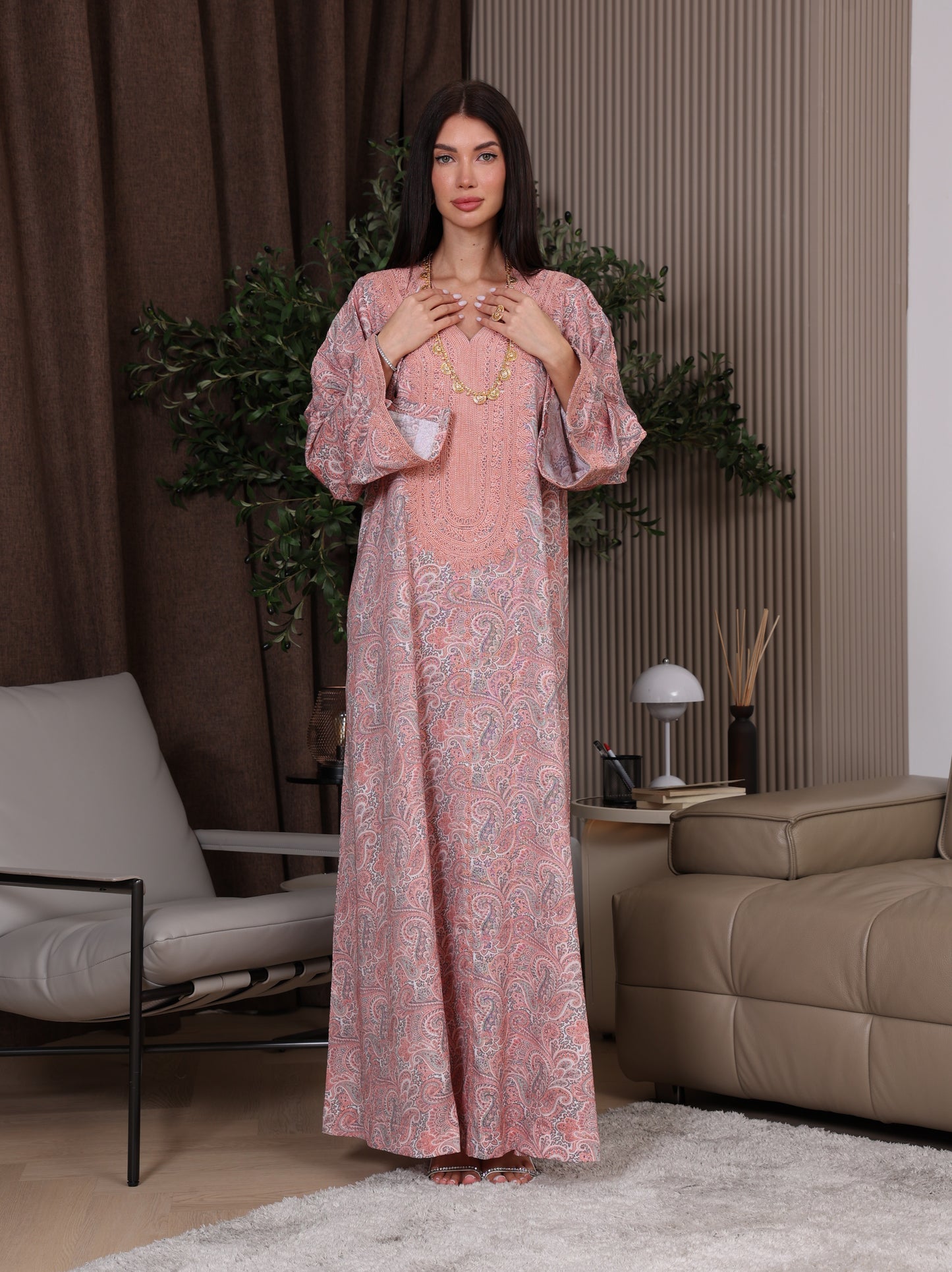 Peach & Gray Paisley Kaftan