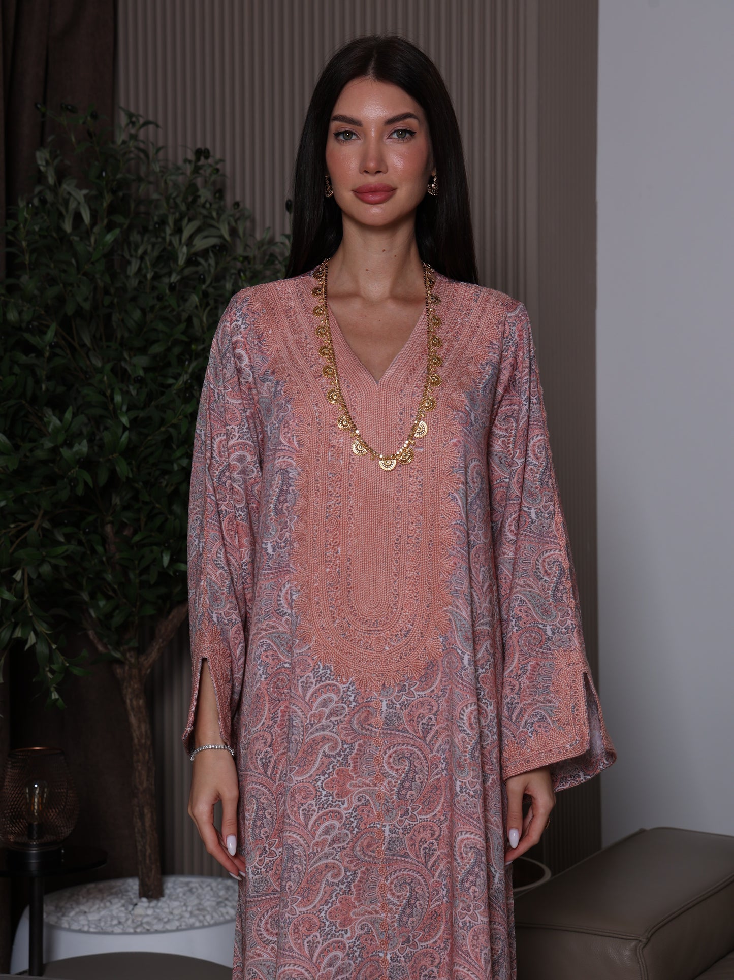 Peach & Gray Paisley Kaftan