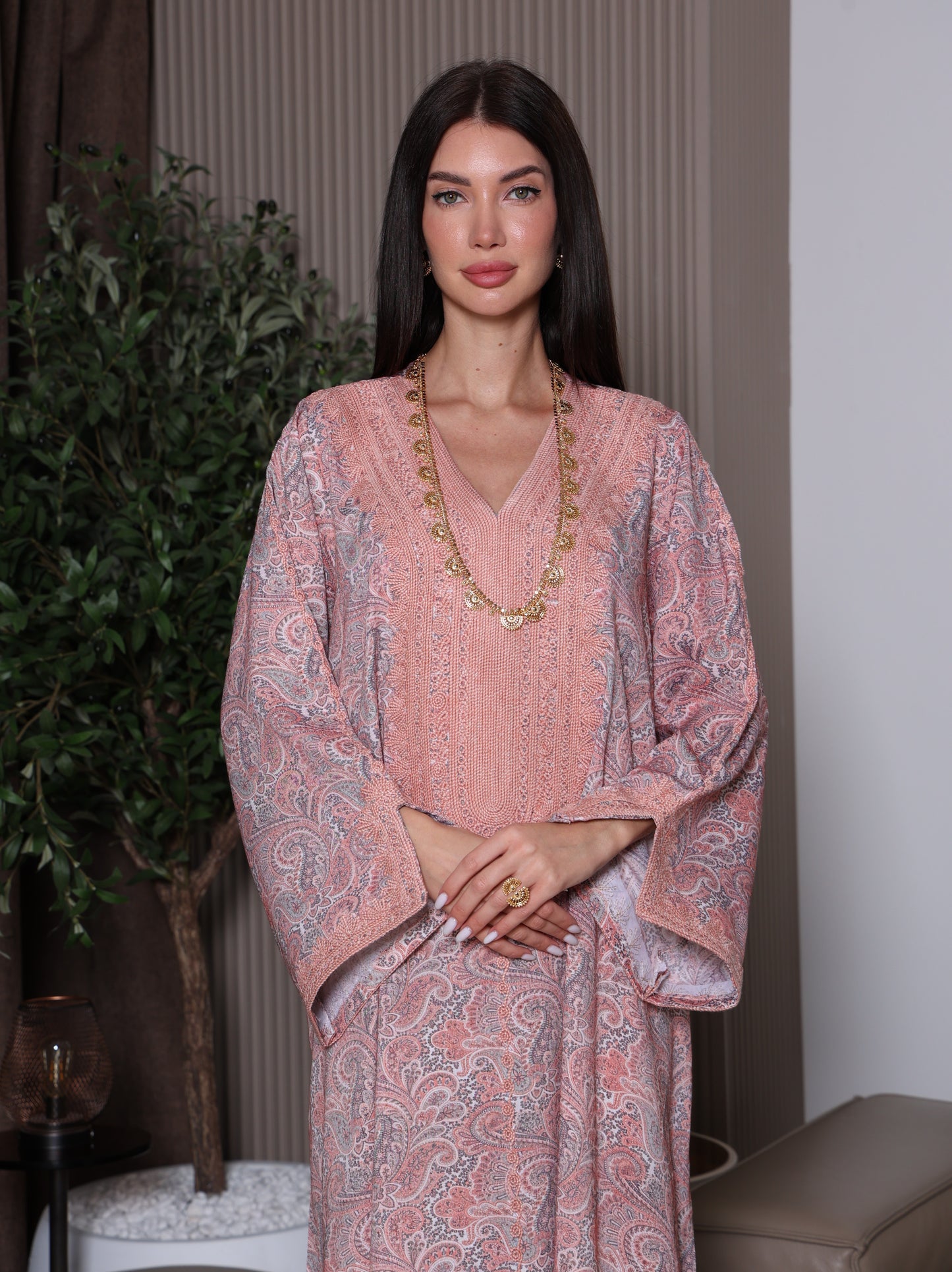 Peach & Gray Paisley Kaftan