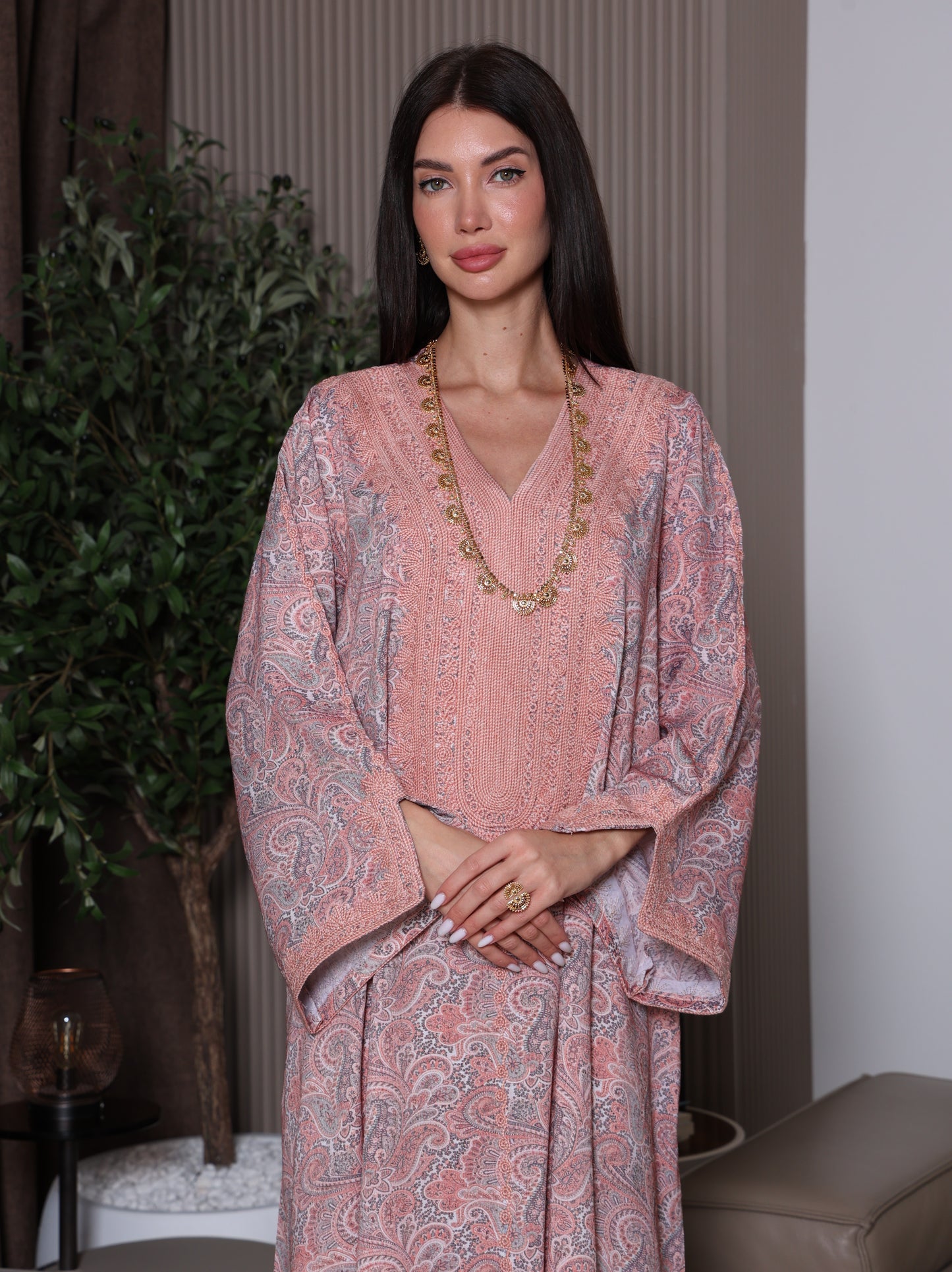 Peach & Gray Paisley Kaftan