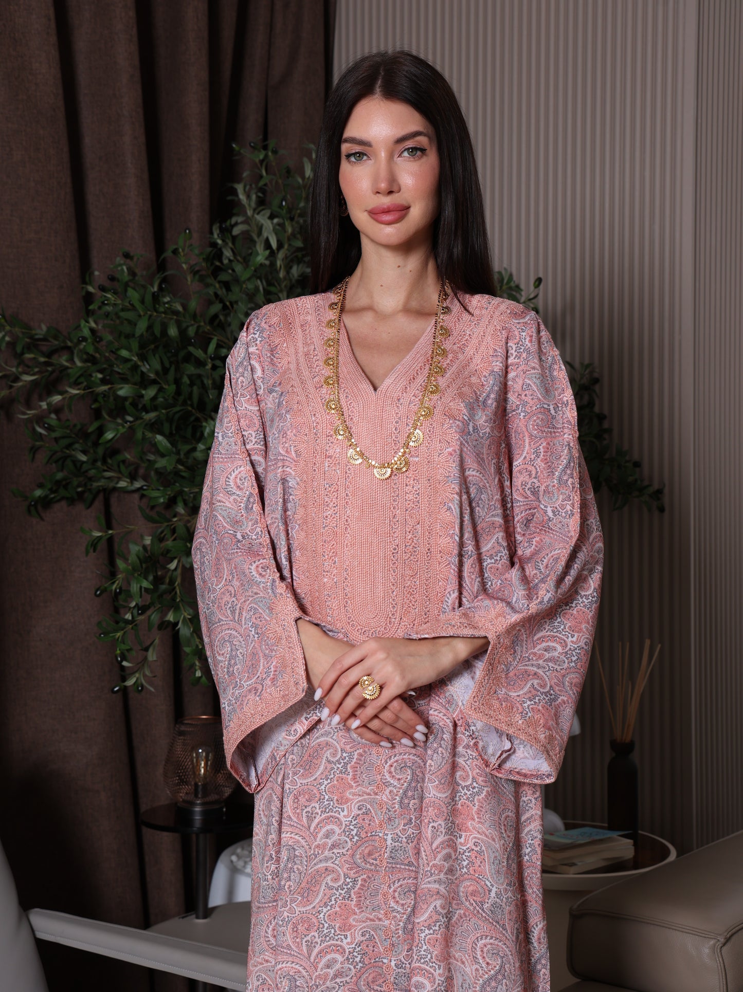 Peach & Gray Paisley Kaftan