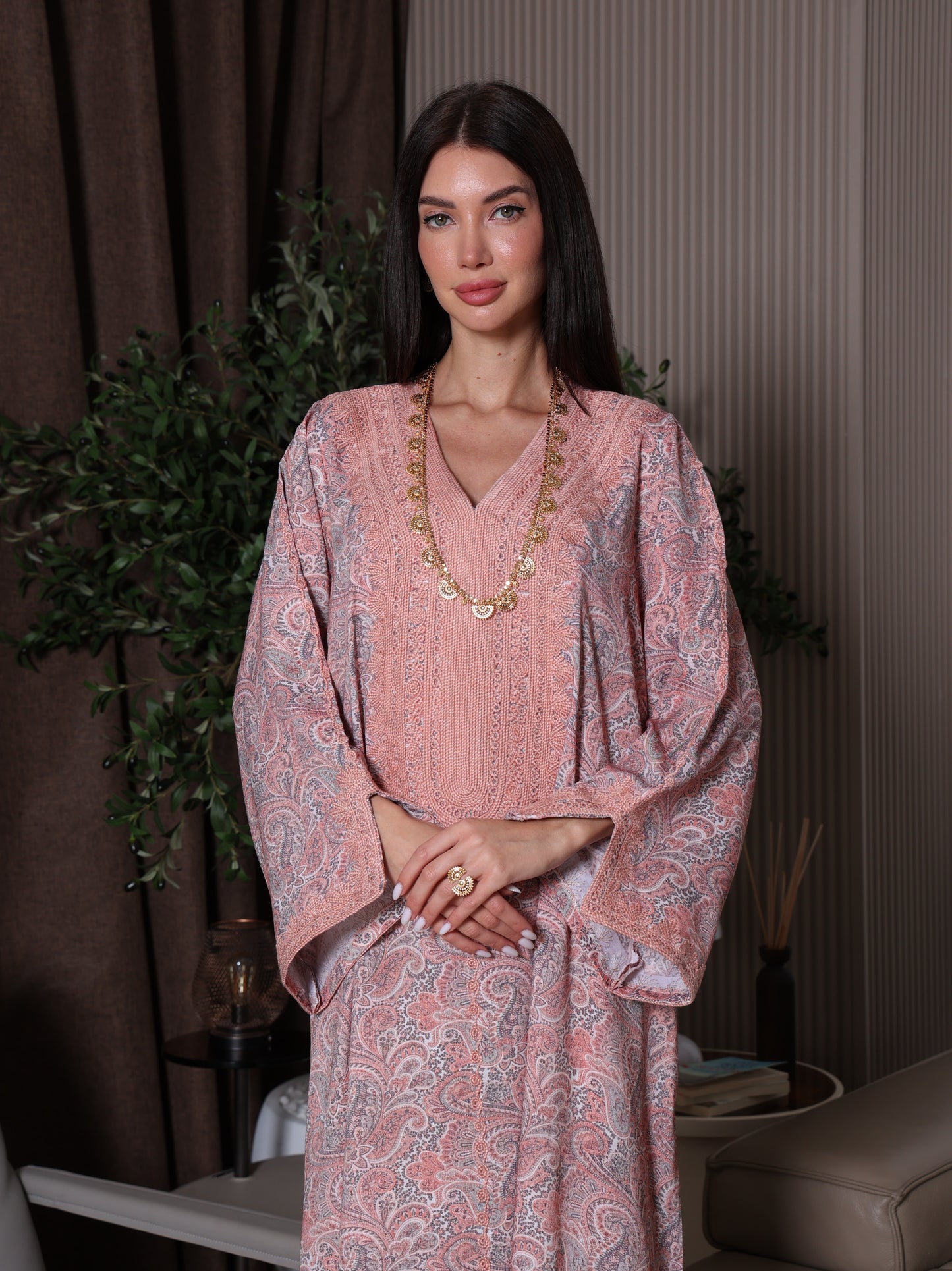 Peach & Gray Paisley Kaftan