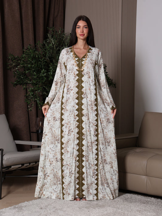 Olive Leaf & Cream Floral Kaftan