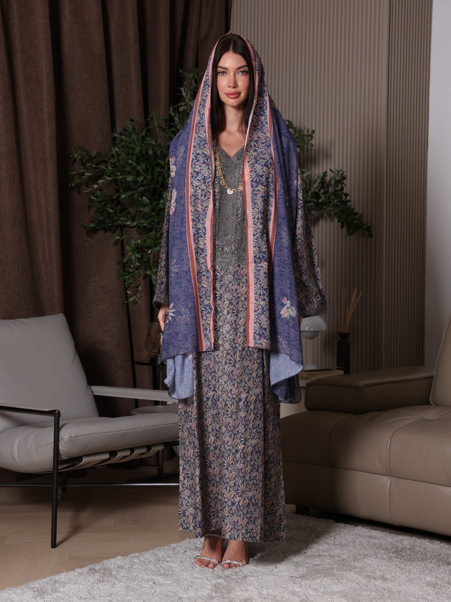 Midnight Indigo Botanical Kaftan Set
