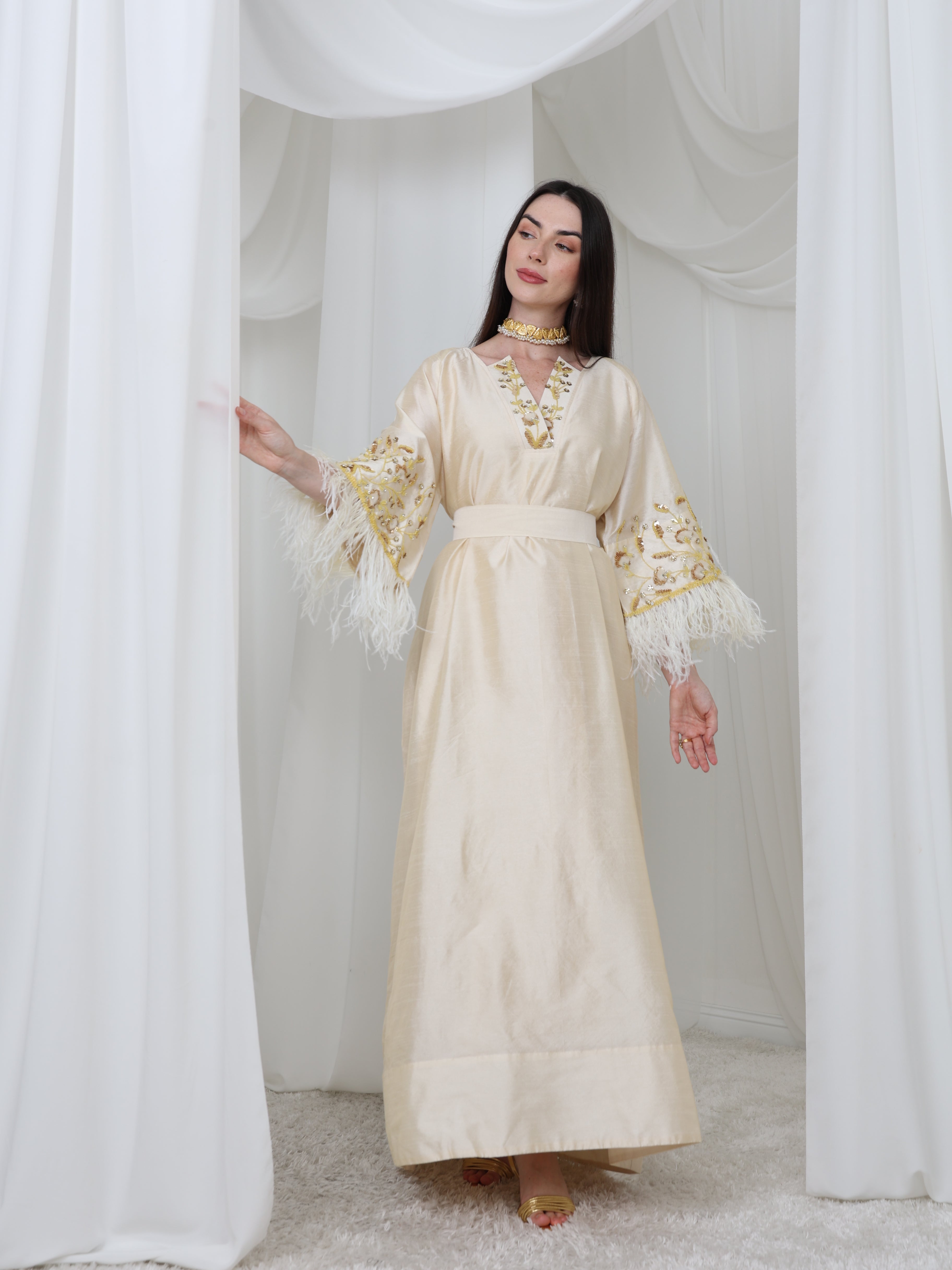 Cream Satin Dress with Embellished Feather Sleeves